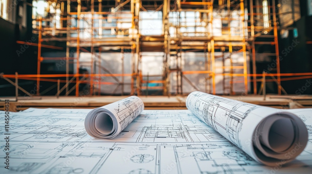 Poster construction site with blueprints and scaffolding in the background.