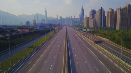 Fototapeta premium Empty Highway Leading to a City Skyline