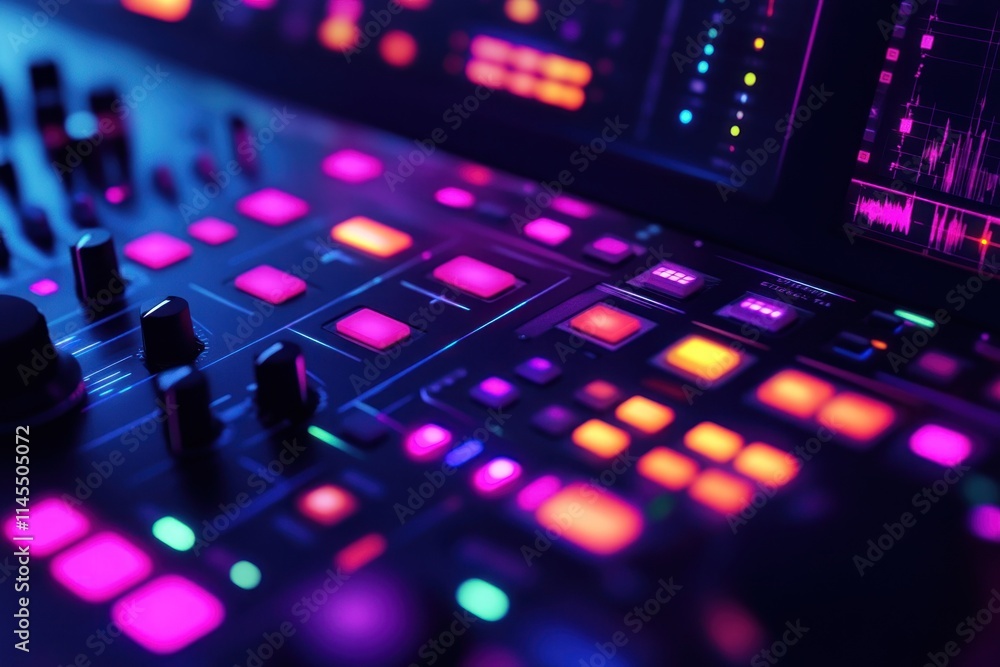 Poster a close-up of a colorful digital audio mixer with vibrant buttons and screens.