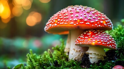 A group of mushrooms with glowing lights