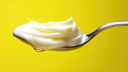 A spoon with yogurt on a yellow background.