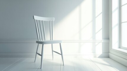 Minimalist interior with a single white chair positioned beside a sunlit window, highlighting simplicity and tranquility in a modern design space.