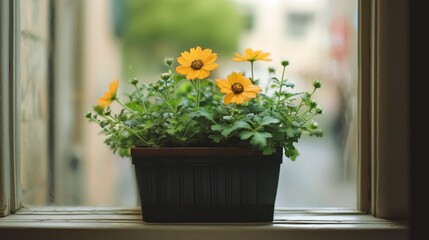 Yellow Flowers in a Pot on Windowsill