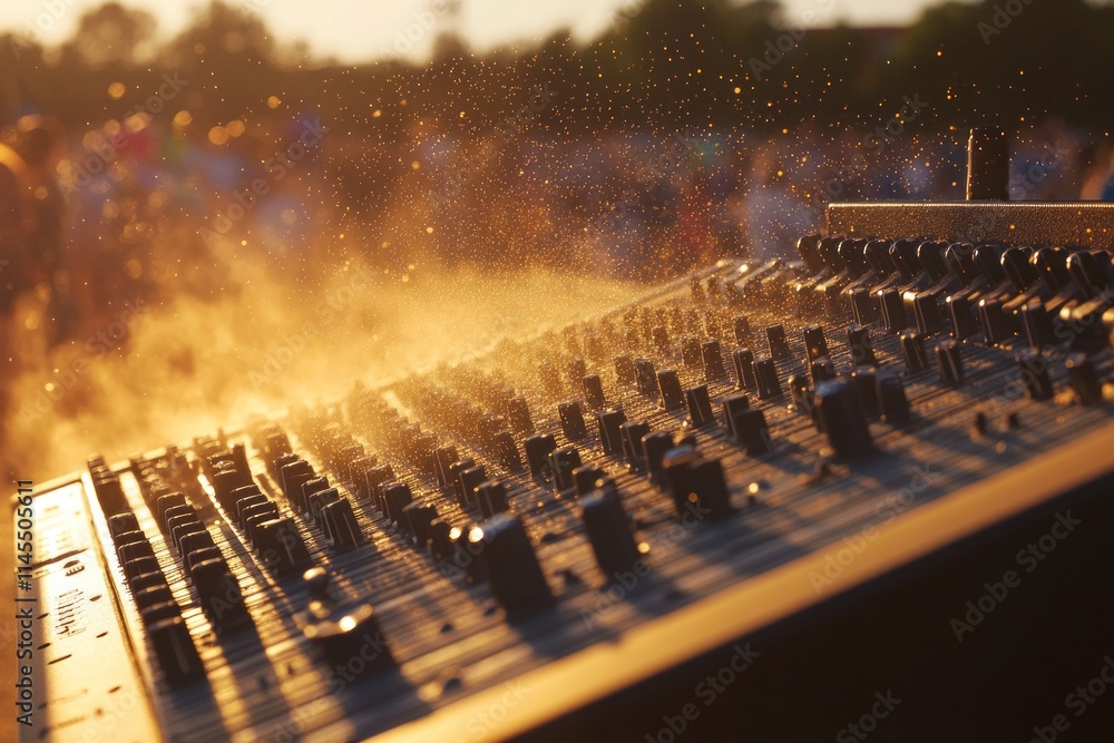 Poster a close-up of a sound mixer with a blurred crowd in the background, capturing a vibrant atmosphere.