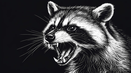 Close-up of the head of a raccoon ready to attack roar angry black and white illustrated hand drawn wild animal in monochrome style ai, generative, generative ai. Feral. Illustration