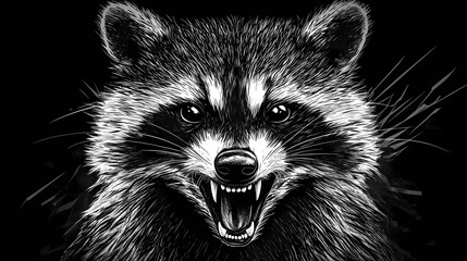 Close-up of the head of a raccoon ready to attack roar angry black and white illustrated hand drawn wild animal in monochrome style ai, generative, generative ai. Feral. Illustration