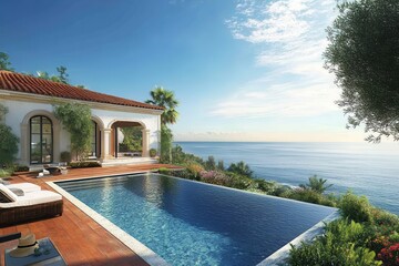 Mediterranean villa with infinity pool overlooking the ocean. Perfect for luxury real estate, travel, or vacation websites.