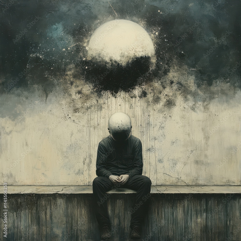 Poster contemplative figure seated with abstract cosmic background in surreal artistic style