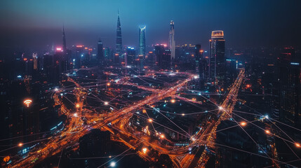 Fototapeta premium Smart digital Innovation city with connection network reciprocity over the cityscape. of future smart wireless city and social media networking systems that connects business people with in city