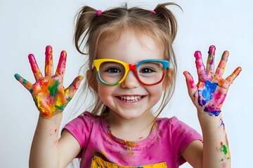 Child Shows Colorful Paint Hands, Happy Expression, Creative Art Activities for Kids, Joyful Painting Experience, Bright Colors, Fun Activities, Early Childhood Development, Artistic Expression,