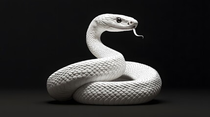 Fototapeta premium A Coiled White Snake Poses Elegantly Against A Dark Background