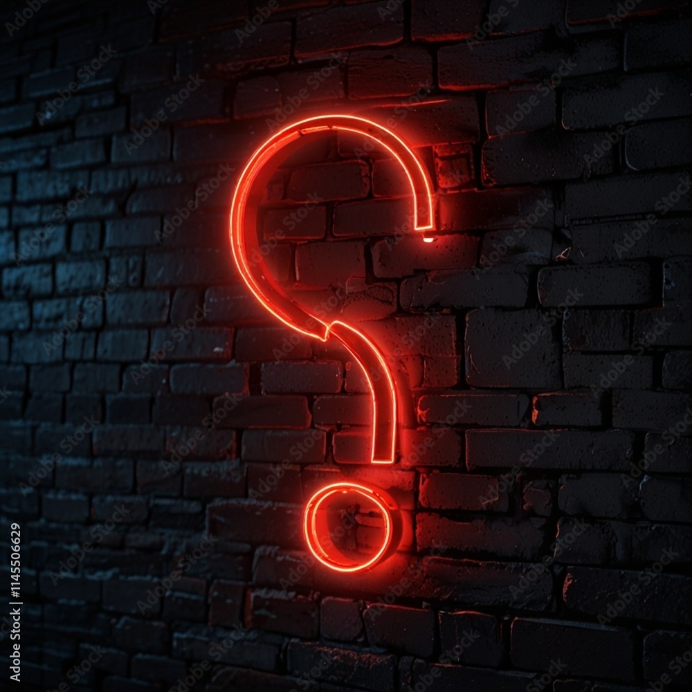 Poster close-up of a question mark with red neon lighting on a dark brick wall with copy space. q and a con