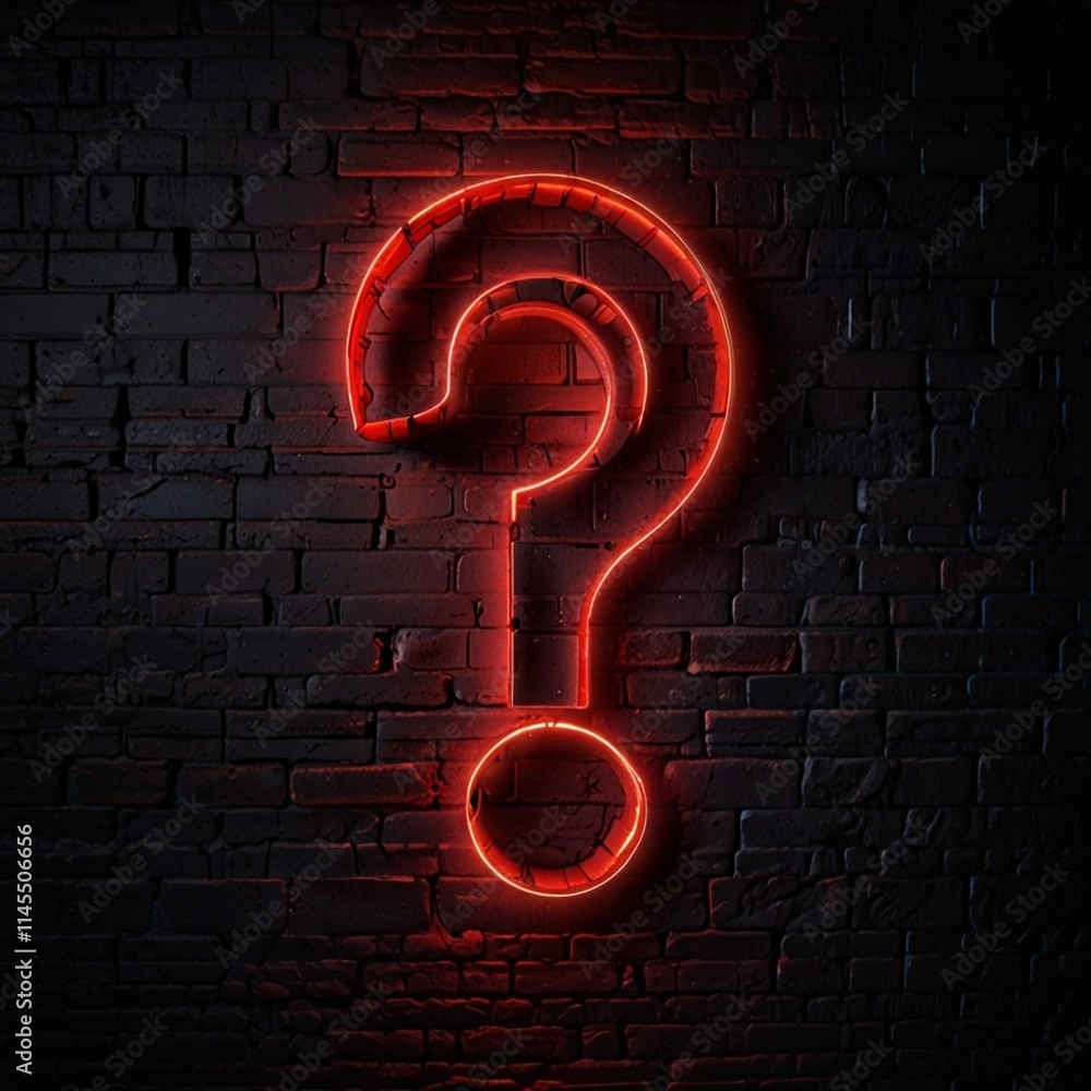 Fototapete close-up of a question mark with red neon lighting on a dark brick wall with copy space. q and a con