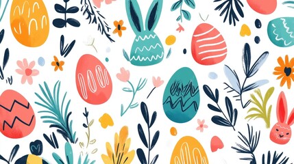 Colorful Easter Eggs and Spring Floral Pattern in Watercolor Style