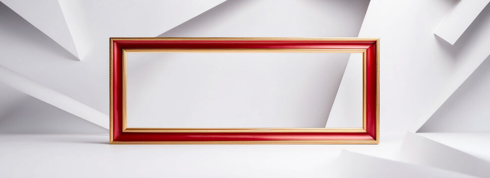 Luxurious red frame with golden design on white background, Empty photo frame on an abstract white background, Luxurious photo frame with copy space