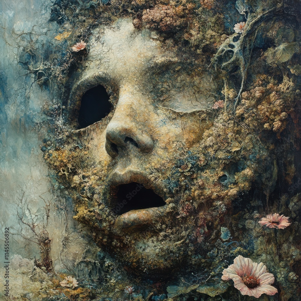 Poster surreal artistic representation of a face surrounded by nature with intricate textures and details