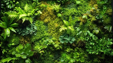 Fototapeta premium Lush green moss and fern wall; various textures and shades of green. Perfect for nature, ecology, or garden-themed designs; evokes feelings of freshness and tranquility.