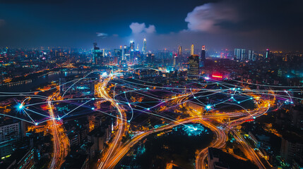 Fototapeta premium Smart digital Innovation city with connection network reciprocity over the cityscape. of future smart wireless city and social media networking systems that connects business people with in city
