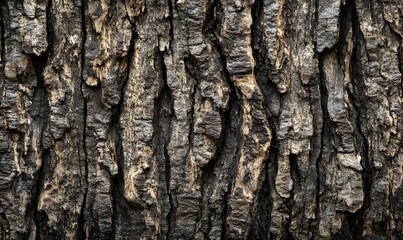 Obraz premium Close-up texture of dark, rough tree bark with vertical grooves and fissures.