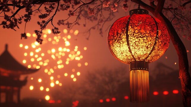 A glowing red lantern and fireworks illuminate the vibrant joy and unity of Chinese New Year.