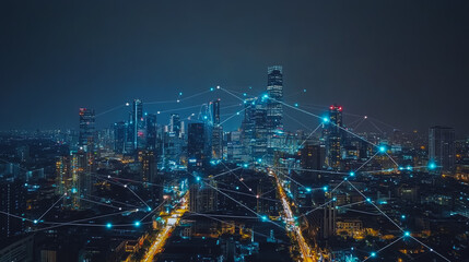 Fototapeta premium Smart digital Innovation city with connection network reciprocity over the cityscape. of future smart wireless city and social media networking systems that connects business people with in city