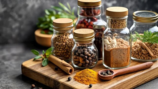 Aromatic spices in glass jars on a wooden board, with herbs and a pile of turmeric.