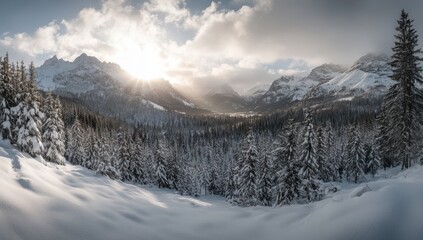 Majestic Winter Landscape with Snow-Covered Trees and Mountain Peaks Beneath a Beautifully Lit Sky at Dawn in a Serene Nature Setting