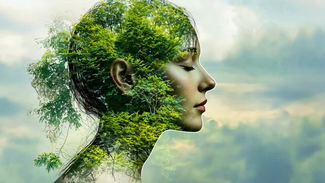 A serene image featuring a double exposure of lush green nature intertwined with a tranquil human head, symbolizing the harmonious connection between mind and earth for ultimate relaxation and peace.