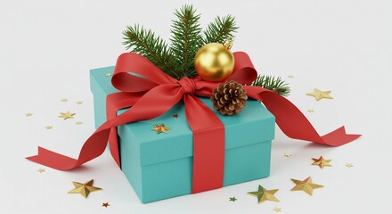 Festive gift box with decoration and ribbon.
