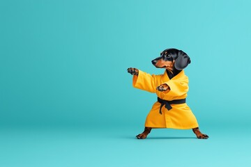 Humorous dachshund dog in a yellow karate gi and black belt strikes a playful defensive pose. Comical pet portrait concept