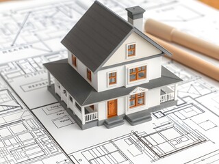 Model house building on architectural blueprints. Ideal for real estate promotions, architectural designs, or construction themes.