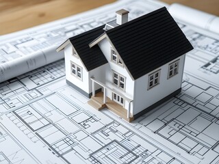 Model house building on architectural blueprints. Ideal for real estate promotions, architectural designs, or construction themes.