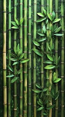 A wall with bamboo stems and leaves