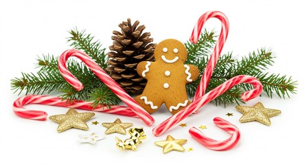 Festive gingerbread man with holiday sweets.