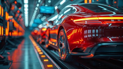 A red car with its taillights illuminated as it moves along a conveyor belt in a factory. AI generative. .