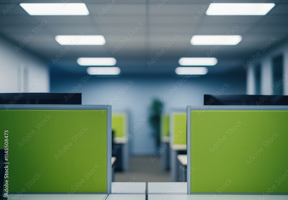 Aufkleber modern office interior with green partitioning in an empty workspace featuring computer desks and br