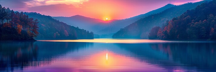 A colorful sunset reflects in a calm lake between two mountains. AI generative. .
