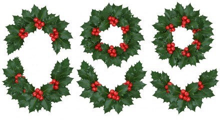 Festive holly wreaths with red berries.