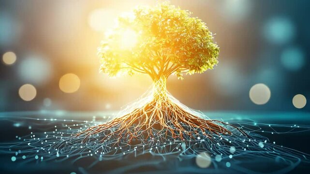 The Tree of Life with intricate root system symbolizes the complex interconnection of technology and nature, illustrating how our advancements are deeply rooted in the natural world.