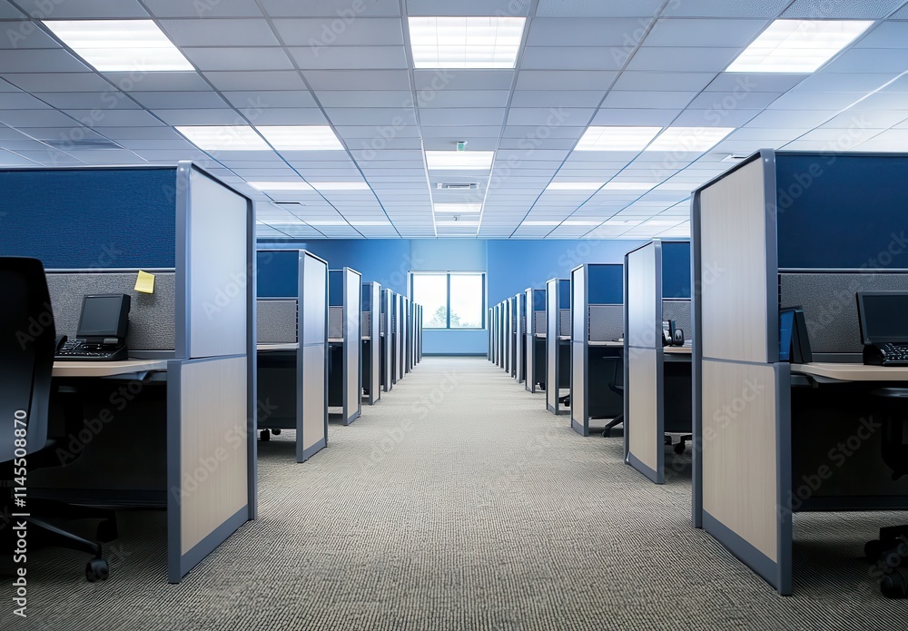 Poster modern office space with cubicles featuring minimalist design and natural light filtering through la