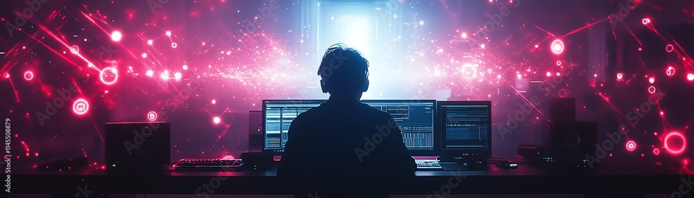 Aufkleber a man using a modern computer in a futuristic workspace, surrounded by holographic internet networks