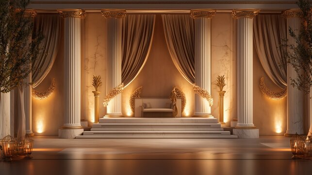 Romantic Interior Stage with Draped Fabrics and Subtle Glow Background - Made with Generative AI