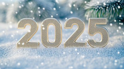 Golden Number 2025 on Snowy Winter Forest Background. Happy New Year and Merry Christmas Greeting Card. 2025 New Year concept