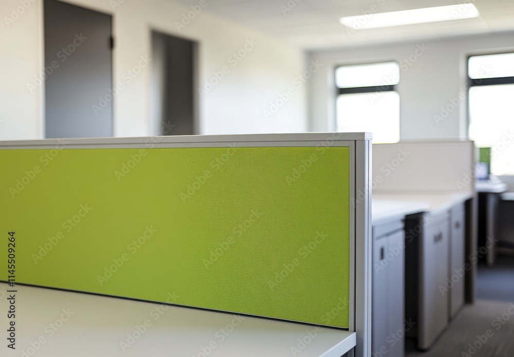 Poster modern office workspace featuring green partition panels with minimalist design for comfortable and 