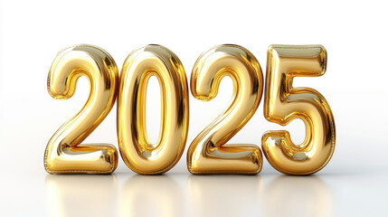 Happy New Year 2025.  Gold Balloons on White Background. 3d render