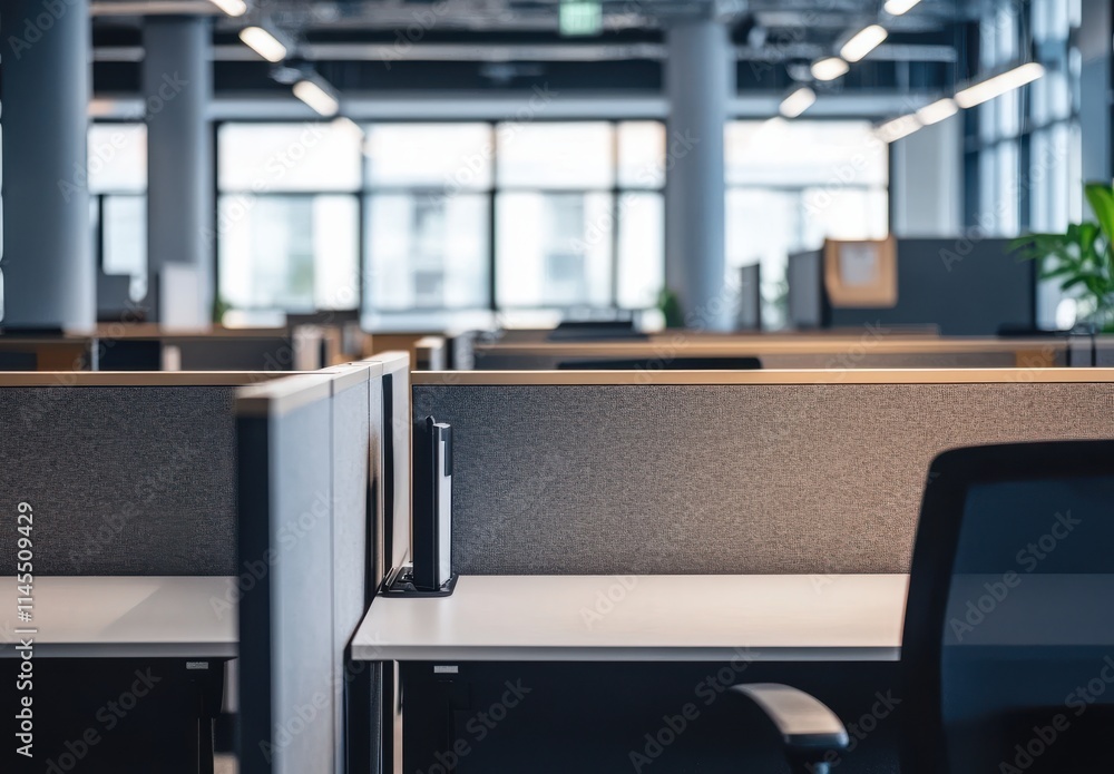 Poster modern office workspace with minimalistic design featuring grey partitions and large windows providi