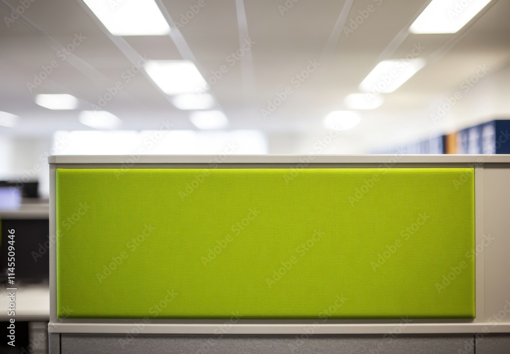 Poster modern office workspace with soft green panel on cubicle partition, bright lighting, and minimalist 