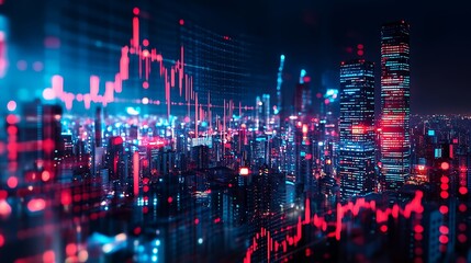 Night Cityscape Illuminated With Stock Market Data Overlay