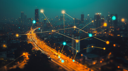 Smart digital Innovation city with connection network reciprocity over the cityscape. of future smart wireless city and social media networking systems that connects business people with in city