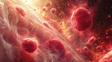 Red abstract orbs in a swirling red cloud with a bright light source. AI generative. .